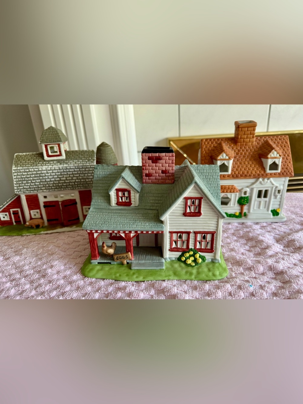 Vintage 1990s PartyLite Bisque Porcelain Tealight Village Houses - Set of 3
